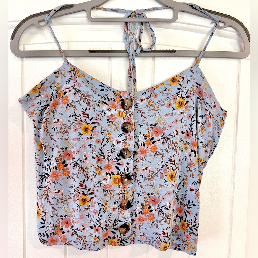 American Eagle light blue halter top with floral design